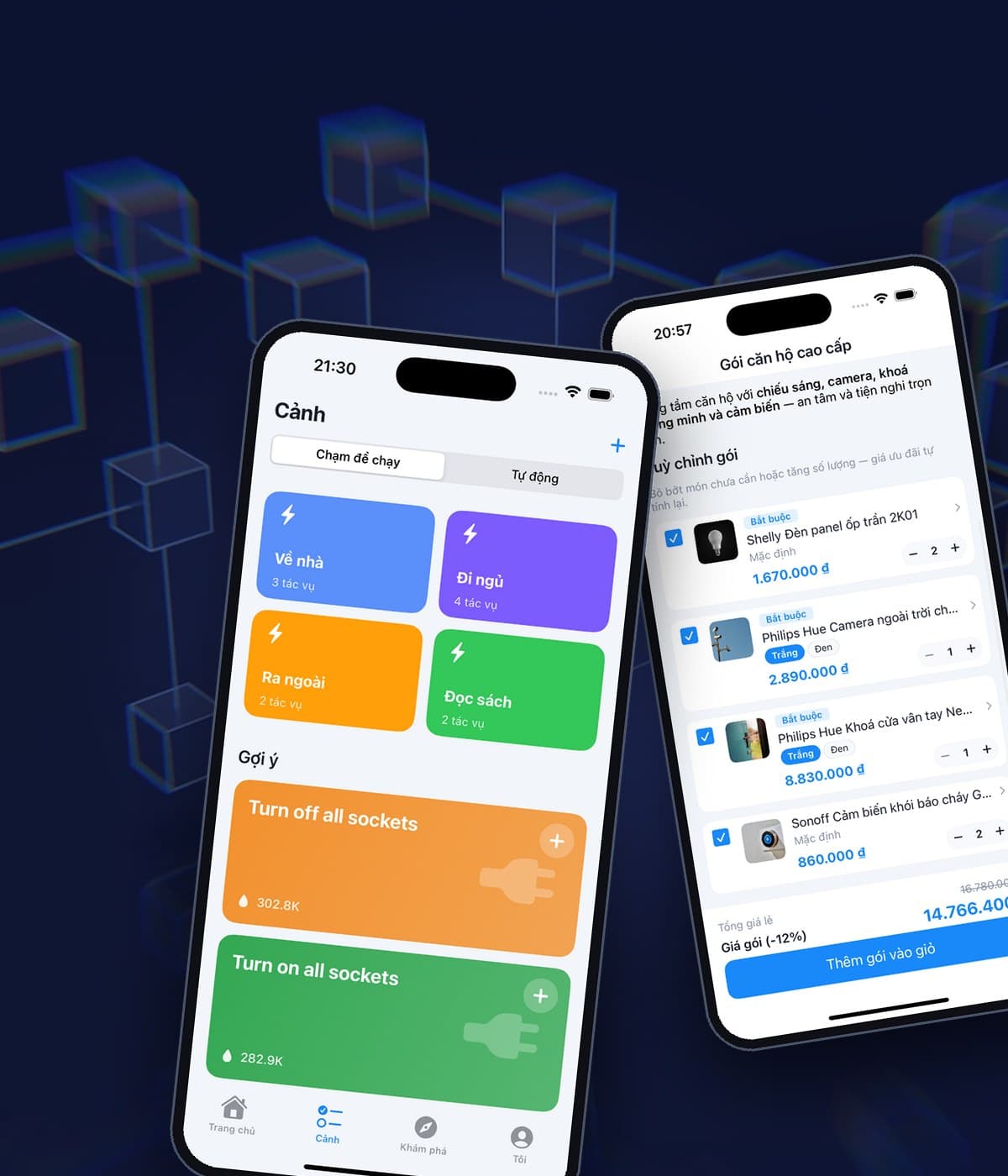 Ứng dụng NobleX Smart: màn hình Cảnh và Gói Combo